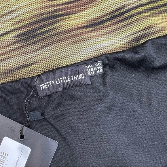 PrettyLittleThing Khaki Printed Halterneck Ruched Front Mesh Bodycon Dress 16 - Picture 7 of 9